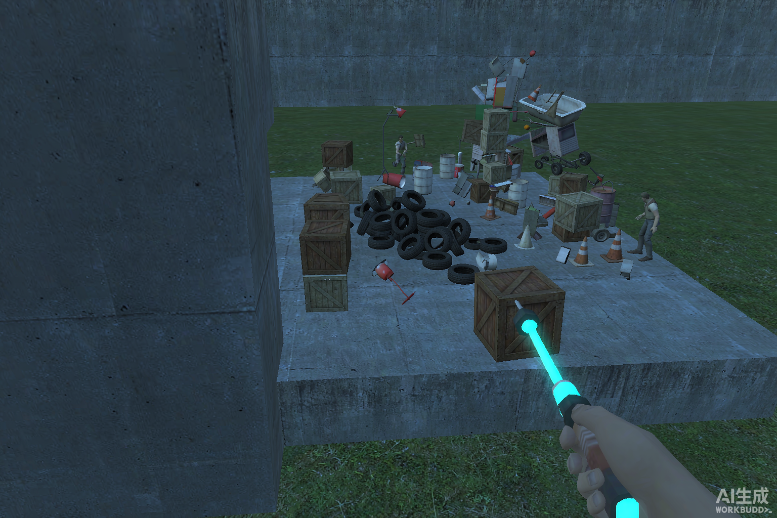 GMod 风格沙盒游玩概念图：玩家用物理工具操控道具，共同搭建设施